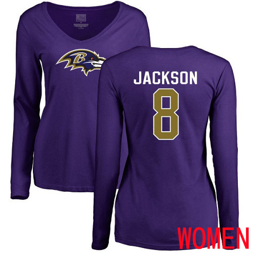 Baltimore Ravens Purple Women Lamar Jackson Name and Number Logo NFL Football #8 Long Sleeve T Shirt